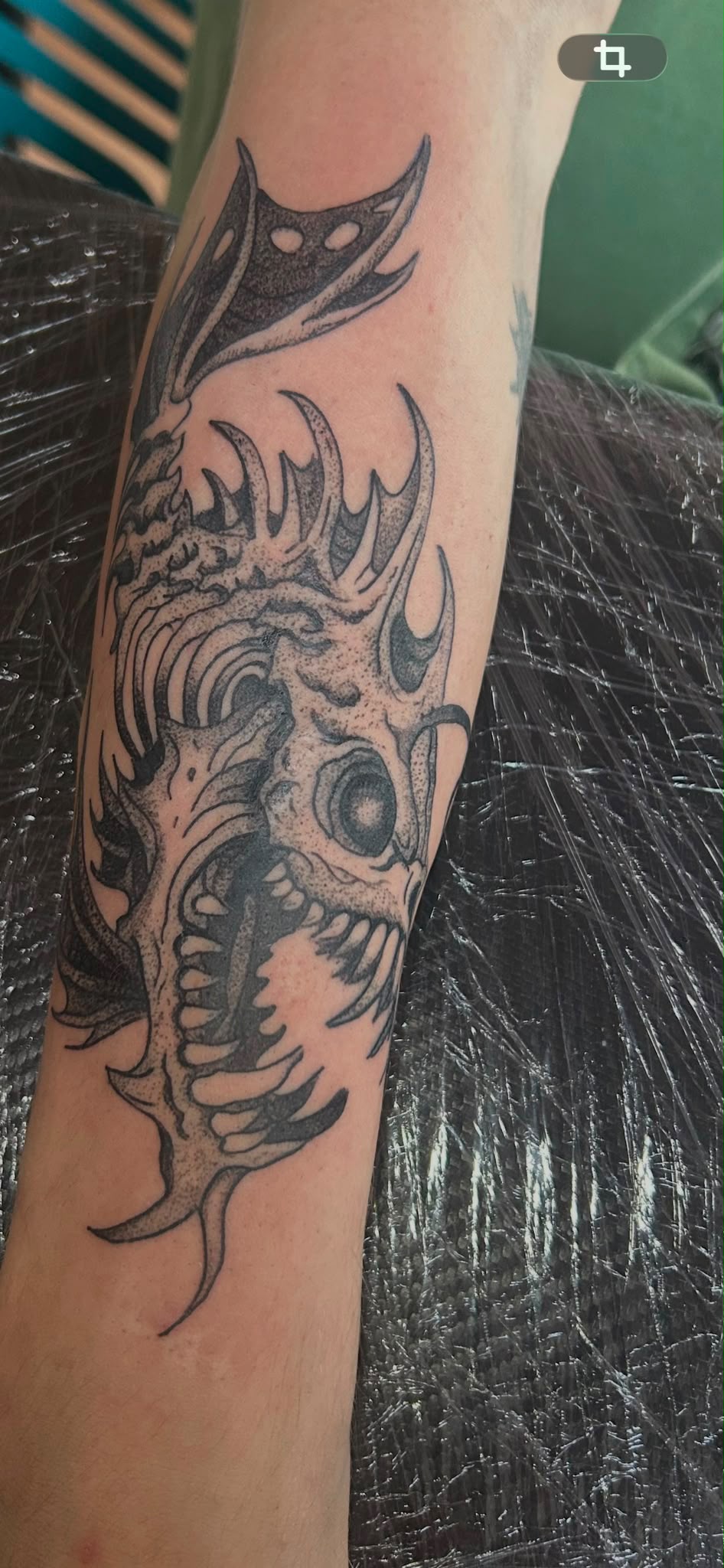Blackwork dragon skull tattoo